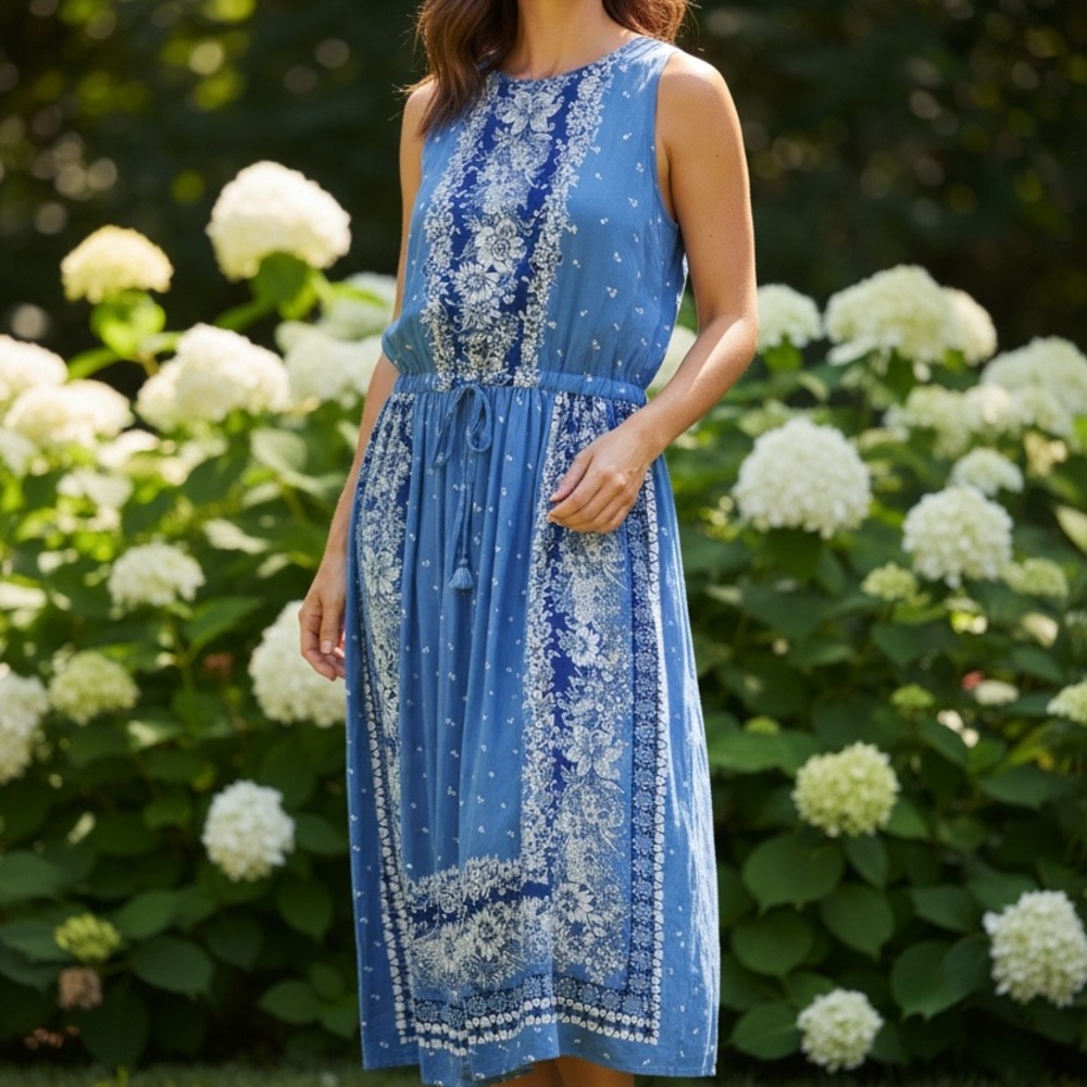 LOFT Blue and White Partially Backless Maxi Dress